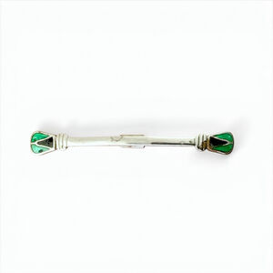 Vintage Sterling Silver Enamel Tie Bar, Art Deco Green Black Tie Clip, 1930s